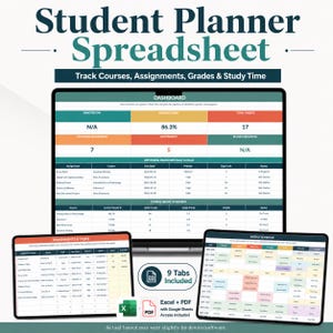 May include: A digital student planner spreadsheet displayed on three screens. The main screen shows a dashboard with GPA, credits, and assignment deadlines. Smaller screens show an assignment task list and a weekly schedule. Includes Excel, PDF, and Google Sheets access.
