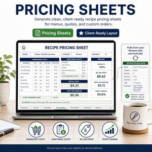 May include: A laptop screen displaying a digital recipe pricing sheet with columns for ingredient costs, additional costs, and pricing metrics. The screen shows text including PRICING SHEETS, RECIPE PRICING SHEET, and various financial data points. A white mug with a whisk icon and the text Plan. Price. Profit. sits nearby.