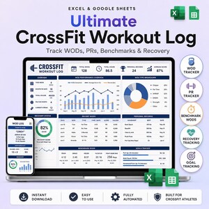 May include: A digital CrossFit workout log displayed on a laptop and smartphone. The interface shows performance metrics, including WODs, PRs, and recovery data. The design includes charts and graphs for tracking progress, with the text "Ultimate CrossFit Workout Log".