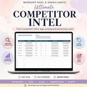 May include: A laptop screen displaying a Microsoft Excel and Google Sheets Competitor Research Tracker. The spreadsheet includes columns for competitor shop, listing title, price, total sales, average rating, key tags, and positioning notes.