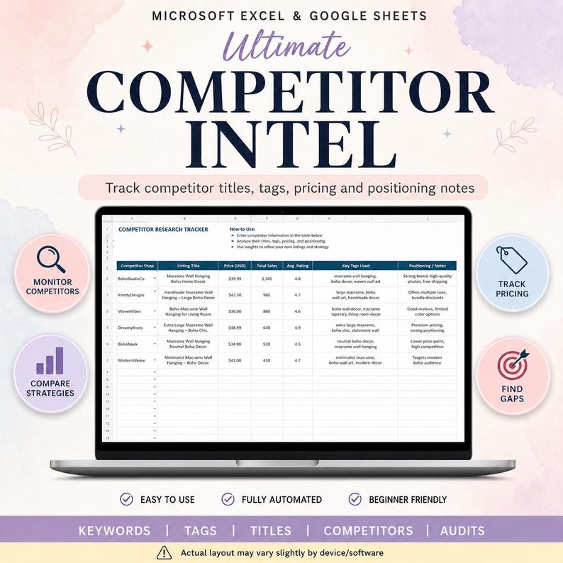 May include: A laptop screen displaying a Microsoft Excel and Google Sheets Competitor Research Tracker. The spreadsheet includes columns for competitor shop, listing title, price, total sales, average rating, key tags, and positioning notes.
