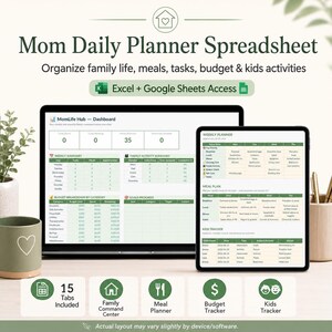 May include: A digital Mom Daily Planner Spreadsheet displayed on a laptop and tablet screen. The interface features sections for weekly summaries, family activity, budget breakdowns, meal planning, and kids' trackers with green and white color schemes.