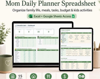 Feuille de calcul d'agenda quotidien pour maman, centre de commande familial, planificateur de repas, liste de courses, suivi du budget, calendrier des enfants, feuilles de calcul Excel Google