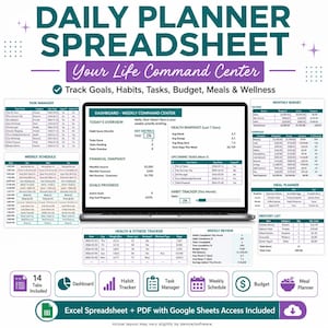 May include: A digital daily planner spreadsheet displayed on a laptop screen, featuring sections for task management, weekly schedules, monthly budgets, meal planning, and health tracking. The interface includes a dashboard, habit tracker, and grocery list.
