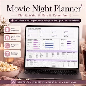 Planilha de Planejamento de Noite de Cinema, Lista de Filmes para Assistir, Orçamento de Lanches, Registro de Filmes, Festa de Cinema em Família no Excel e Google Sheets