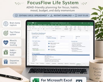 Planificateur de vie pour le TDAH, feuilles de calcul Excel Google, vidage cérébral, suivi des habitudes de travail