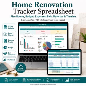 Könnte beinhalten: Eine digitale Tabellenkalkulation zur Verfolgung von Hausrenovierungen, angezeigt auf einem Laptop- und Tablet-Bildschirm. Die Benutzeroberfläche umfasst ein Dashboard mit Diagrammen zu Budget, Ausgaben und Projektfortschritt sowie eine Vergleichstabelle.