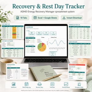 Könnte beinhalten: Ein digitales Recovery & Rest Day Tracker Tabellenkalkulationssystem für Excel und Google Sheets, das auf einem Laptop-Bildschirm angezeigt wird. Die Benutzeroberfläche umfasst ein Dashboard mit Diagrammen, Energieprotokollen und Aufgabenbanken.