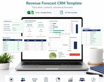 Hoja de cálculo para el seguimiento del embudo de ventas, plantilla CRM para la previsión de ingresos, seguimiento de acuerdos, gestor de clientes potenciales y contactos, Excel y Google Sheets