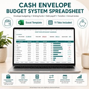 May include: A laptop screen displaying a Cash Envelope Budget System Spreadsheet with a Smart Envelope Budget Dashboard. The interface includes key metrics, an envelope snapshot table with categories, budget, spent, remaining, and status columns.
