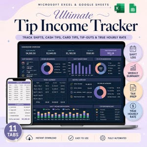 Può includere: Un tracker digitale delle entrate delle mance visualizzato su un laptop e uno smartphone. La dashboard mostra le entrate totali, le mance in contanti, le mance con carta e le mance. Include grafici e un riepilogo settimanale. Il testo è "Ultimate Tip Income Tracker".
