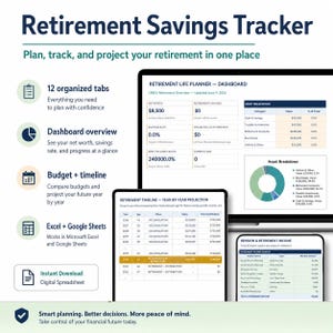 May include: A digital retirement savings tracker spreadsheet displayed on a laptop and mobile screens. The interface features a dashboard with net worth, savings rate, and asset breakdown charts, plus a year-by-year retirement projection table.