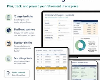Hoja de cálculo para planificar la jubilación, registro de ahorros para la jubilación, planificador de patrimonio neto, presupuesto de jubilación, registro de pensiones, Excel y Google Sheets
