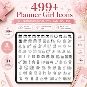Pacote de ícones Planner Girl, mais de 499 imagens (Download digital - svg, png, eps, psd)
