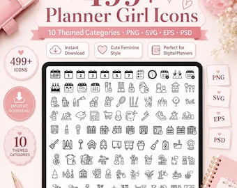Paquete de iconos Planner Girl, más de 499 imágenes prediseñadas (descarga digital: svg, png, eps, psd)