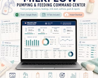 Hoja de cálculo para el registro de alimentación del bebé, registro de leche materna, horario de extracción, inventario de reservas de leche, diario de lactancia, hojas de cálculo de Excel y Google Sheets