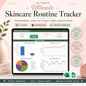 Peut inclure: Un outil numérique de suivi de routine de soins de la peau affiché sur un écran de tablette, présentant un tableau de bord avec des graphiques et un suivi budgétaire. L'interface inclut des onglets pour l'inventaire, les journaux et les feuilles.