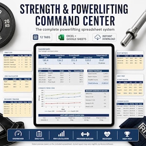 May include: A digital tablet displaying a Strength & Powerlifting Command Center spreadsheet system with 12 tabs, featuring a dashboard, daily log, 1RM calculator, body metrics, meet prep, and recovery tracker, surrounded by weight plates and a barbell.