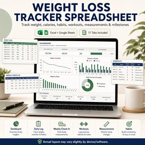 May include: A digital weight loss tracker spreadsheet displayed on a laptop screen, featuring a dashboard with charts, a daily log, weekly check-in, and workout tables. The interface includes sections for tracking weight, calories, habits, and body measurements.