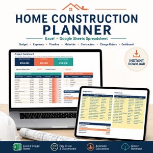 Könnte beinhalten: Eine digitale Tabellenkalkulation zur Planung von Hausbauprojekten für Excel und Google Sheets, dargestellt auf einem Laptop- und Tablet-Bildschirm. Die Benutzeroberfläche umfasst ein Projekt-Dashboard, einen Budgetplaner und ein Ausgabenprotokoll.