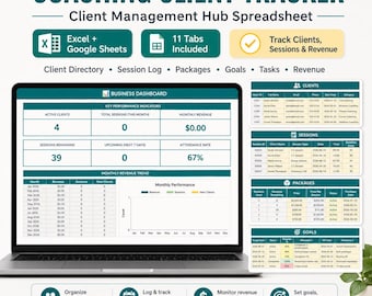 Hoja de cálculo para el seguimiento de clientes de coaching, plantilla de gestión de clientes, seguimiento de sesiones, seguimiento de paquetes, panel de ingresos, Excel y Google Sheets
