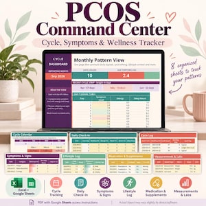 Puede incluir: Un rastreador digital PCOS Command Center en una pantalla de portátil, con ocho hojas organizadas para el seguimiento del ciclo, síntomas y bienestar. Incluye tablas para registros diarios, síntomas, medicación y mediciones de laboratorio.