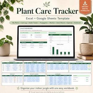 Op de afbeelding: Een digitale plantenverzorgingstracker-sjabloon voor Excel en Google Sheets weergegeven op een laptopscherm. De interface bevat tabbladen voor My Plants, Care Log, Health Tracker, Propagation, Wishlist, Room Planner, Expenses en Dashboard.