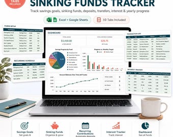 Savings Goal Tracker Spreadsheet, Sinking Funds, Excel Google Sheets (Digital Download)