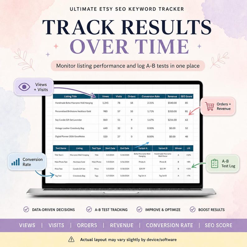 May include: A laptop screen displaying an Ultimate Etsy SEO Keyword Tracker spreadsheet with columns for views, visits, orders, conversion rate, revenue, and SEO score, plus an A-B test log table, all set against a light watercolor background.