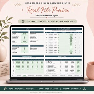 May include: A laptop screen displaying a Keto Macro and Meal Command Center spreadsheet. The interface includes sections for Setup, a 28-day meal planner, a daily tracker, and a grocery list with columns for food names, quantities, and nutritional data.
