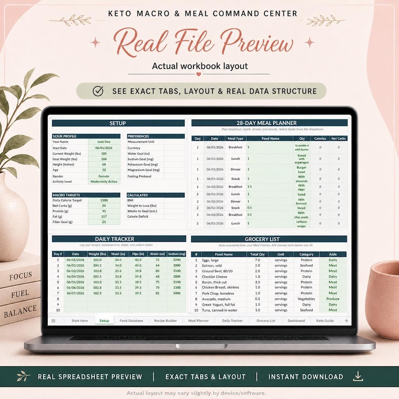 May include: A laptop screen displaying a Keto Macro and Meal Command Center spreadsheet. The interface includes sections for Setup, a 28-day meal planner, a daily tracker, and a grocery list with columns for food names, quantities, and nutritional data.