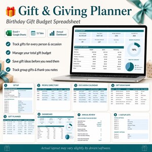 May include: A digital Gift & Giving Planner birthday gift budget spreadsheet for Excel and Google Sheets. The layout includes an annual dashboard, eleven tabs, and features to track gifts, manage budgets, save ideas, and monitor thank-you notes.