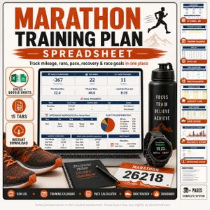 Marathon Training Plan Spreadsheet, Running Tracker, Excel Google Sheets (Digital Download)