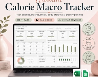 Hoja de cálculo para el seguimiento de calorías y macronutrientes, planificador nutricional en Excel y Google Sheets (descarga digital)