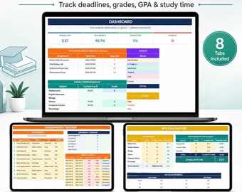 Feuille de calcul pour le suivi des notes des devoirs, outil de suivi des notes des étudiants sur Excel, planificateur de devoirs Google Sheets, calculatrice GPA, planificateur d'études