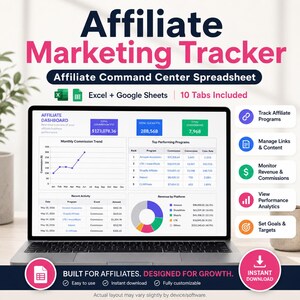 Könnte beinhalten: Eine digitale Affiliate-Marketing-Tracker-Tabelle auf einem Laptop-Bildschirm. Das Dashboard zeigt Daten zu Gesamtprovisionen, Klicks und Conversions. Es enthält Diagramme für monatliche Trends und Einnahmen nach Plattform sowie eine Liste der leistungsstärksten Programme und aktuellen Aktivitäten.