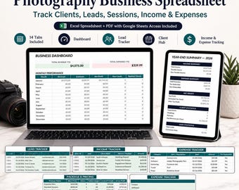 Hoja de cálculo para negocios de fotografía, seguimiento de clientes de fotógrafos, panel de ingresos y gastos, plantilla de Excel, Google Sheets