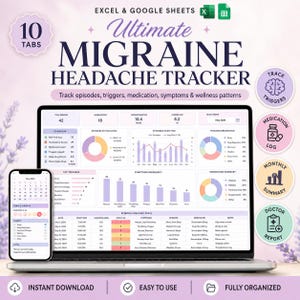 May include: A digital migraine headache tracker displayed on a laptop and smartphone. The tracker includes charts and graphs for tracking episodes, triggers, medication, symptoms, and wellness patterns. The design is in shades of purple and white.