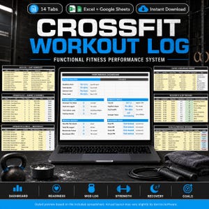 Puede incluir: Una hoja de cálculo digital de registro de entrenamiento CrossFit en la pantalla de una computadora portátil, con un panel de rendimiento que incluye pestañas para entrenamientos diarios, fuerza, gimnasia, cardio, recuperación y metas.