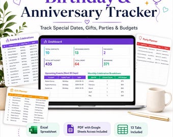Birthday Anniversary Tracker Spreadsheet, Excel Google Sheets Event Reminder, Gift Planner, Party Planner, Celebration Calendar