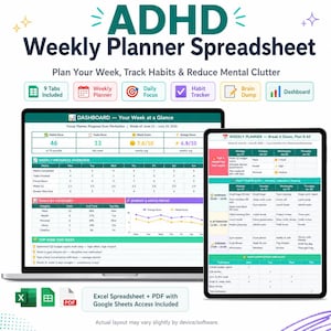 Peut inclure: Un tableur de planification hebdomadaire TDAH affiché sur un écran d'ordinateur portable et de tablette. L'interface comprend un tableau de bord avec suivi des habitudes, listes de tâches, tendances d'humeur et aperçu des progrès hebdomadaires.