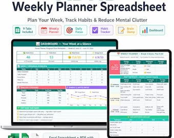 ADHD Weekly Planner Spreadsheet, Executive Function Planner, Habit Tracker, Brain Dump, Weekly Dashboard, Excel Google Sheets