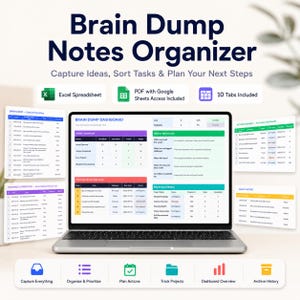May include: A digital Brain Dump Notes Organizer displayed on a laptop screen, featuring a dashboard with weekly summaries, project overviews, and action planners. Includes Excel and Google Sheets compatibility with 10 organised tabs.