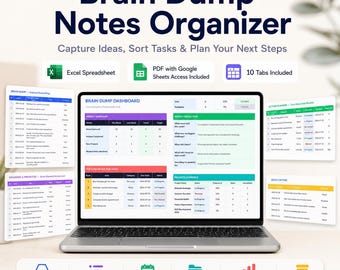 Feuille de calcul organisateur de notes Brain Dump, outil de suivi des idées Excel Google Sheets, deuxième agenda cérébral, organisateur de tâches, tableau de bord de productivité