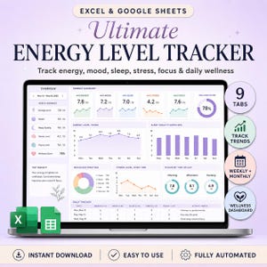 May include: A laptop screen displays an "Ultimate Energy Level Tracker" template for Excel and Google Sheets. The interface shows charts and graphs tracking energy, mood, sleep, stress, focus, and wellness. Icons indicate features like instant download and easy use.