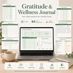 Op de afbeelding: Een digitaal dankbaarheids- en welzijnsdagboek in spreadsheetvorm op een laptopscherm, met een welzijnsdashboard, gewoonte-tracker, maandoverzicht en prompts. De interface gebruikt een groen en wit kleurenschema met diverse datatabellen.