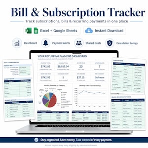 Bill Subscription Tracker Spreadsheet, Excel Google Sheets (Digital Download)