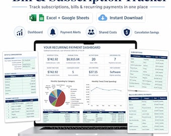 Bill Subscription Tracker Spreadsheet, Excel Google Sheets (Digital Download)
