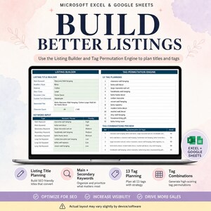 May include: A digital spreadsheet tool for Microsoft Excel and Google Sheets titled Build Better Listings. The interface displays a Listing Builder and Tag Permutation Engine with columns for keywords, priorities, and tag combinations for e-commerce.