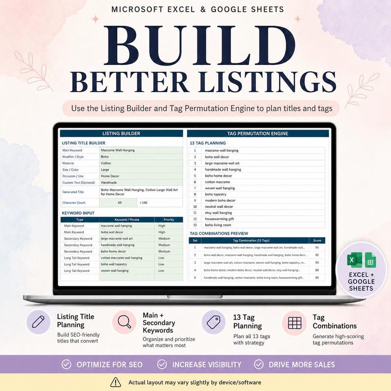 May include: A digital spreadsheet tool for Microsoft Excel and Google Sheets titled Build Better Listings. The interface displays a Listing Builder and Tag Permutation Engine with columns for keywords, priorities, and tag combinations for e-commerce.